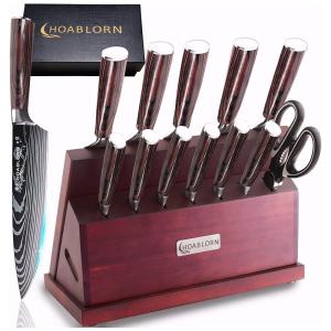Conjunto de Facas HOABLORN em Aço Inoxidável com Bloco de Bancada Multinível e Magnético, 15 Peças, Marrom