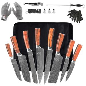 FULLHI Conjunto de Facas em Aço Inoxidável com Bloco de Bancada, 14 Peças, Marrom