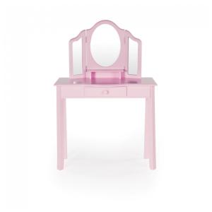 Penteadeira infantil Guidecraft rosa com espelho triplo e banquinho em madeira para brincadeiras de faz de conta