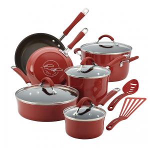 Conjunto de Panelas e Frigideiras Antiaderentes em Alumínio com Utensílios, 12 Peças, Rachael Ray, Vermelho Escuro