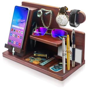 TYBELCO Porta Chaves e Organizador Tudo em Um de Madeira com Suporte para Celular, Marrom