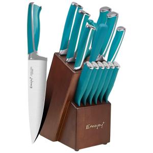 Conjunto de Facas com Afiador Embutido e Bloco de Bancada 15 Peças, EMOJOY, Azul