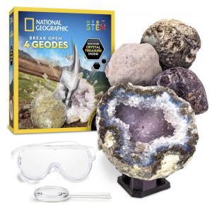 National Geographic Kit Científico Quebre 4 Geodos Multicor – Experimento de Cristais com Óculos de Proteção e Suporte de Exposição