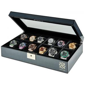 Caixa, Estojo de Fibra de Carbono e Visor de Vidro para Relógios com 12 Compartimentos, HAWK GABLE, Preto