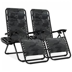 Conjunto de 2 Cadeiras Reclináveis de Aço Mesh Ajustáveis Zero Gravity com Almofadas e Bandejas,Best Choice Products