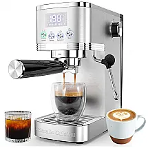 Máquina de Café Expresso 20 Bar com Display LED, Vaporizador de Leite e Filtro de Cápsula ESE, 110V 1350W, URintells, Prata