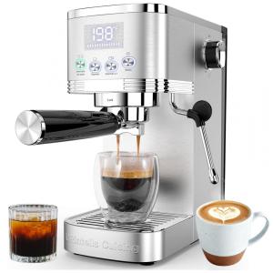 Máquina de Café Expresso 20 Bar com Display LED, Vaporizador de Leite e Filtro de Cápsula ESE, 110V 1350W, URintells, Prata