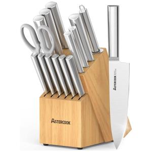 Conjunto de Facas com Afiador Embutido e Bloco de Bancada 15 Peças, ASTERCOOK, Prateado