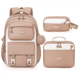 Mochila escolar Fimibuke infantil juvenil cáqui, conjunto 3 peças com lancheira térmica e estojo, impermeável