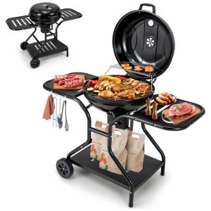 Churrasqueira a Carvão com Revestimento Esmalte de Porcelana, 2 Mesas Laterais e 4 Ganchos, Giantex, Preta