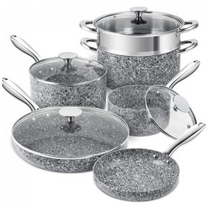 Conjunto de Panelas e Frigideiras Antiaderentes de Granito, 10 Peças, MICHELANGELO DECJ JS 1214 293, Cinza