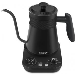 Chaleira Elétrica 800mL Pescoço de Ganso com Fervura Rápida, 5 Predefinições de Aço Inoxidável, 110V 1200W, Secura, Preto