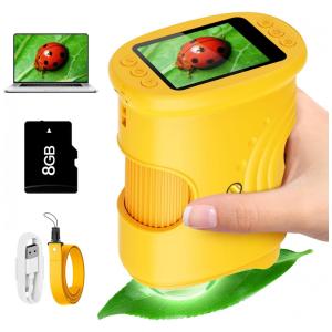 Microscópio digital infantil 1000x Alotwan amarelo de mão com tela HD e gravação de vídeo, brinquedo STEM portátil com cartão 8GB