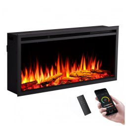 Lareira Elétrica de Embutir A48x103L cm com 8 Cores de Chama, Leito de Combustível, Controle Remoto por APP, 110V 1500W