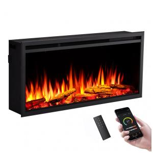 Lareira Elétrica de Embutir A48x103L cm com 8 Cores de Chama, Leito de Combustível, Controle Remoto por APP, 110V 1500W
