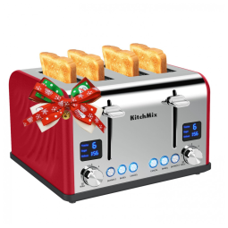 Torradeira Elétrica de 4 Fatias em Aço Inoxidável e Temporizador LCD, 110V 1650W, KitchMix, Vermelha