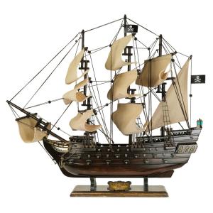 Barco Decorativo Pérola Negra de Madeira, Escala 1:190 com Acabamento em Nogueira Antigo e Velas Bege, HOME DECOR SAILINGSTORY