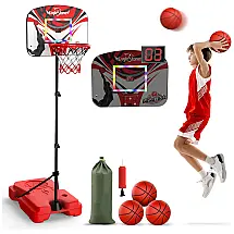 Cesta de Basquete Ajustável 90 cm a 1,8 m com 3 Bolas, Placar Eletrônico, LED e Sons de Torcida – Eaglestone Vermelho/Preto