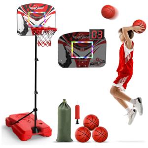 Cesta de Basquete com 3 Bolas, Placar Eletrônico, Iluminação LED, Sons de Torcida e Altura Ajustável de 90 cm a 1,8 metros, Eaglestone