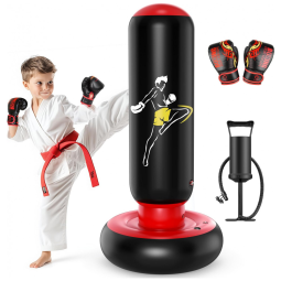 QPAU Saco de Pancadas Inflável Infantil 168 cm com Luvas de Boxe - Preto e Vermelho