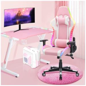 Cadeira Gamer Reclinável e Giratória com Luzes e Alto Falantes, HOMEMIYN, Rosa