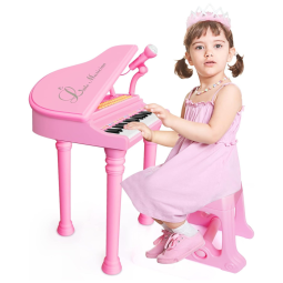 Piano Teclado Infantil com 31 Teclas, Microfone e Banco para Crianças de 3 Anos, OKREVIEW, Rosa