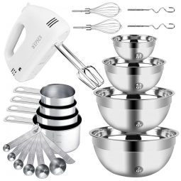 Batedeira Elétrica com 5 Tigelas em Aço Inox e Colheres Medidoras, 110V 150W, WEPSEN, Branca