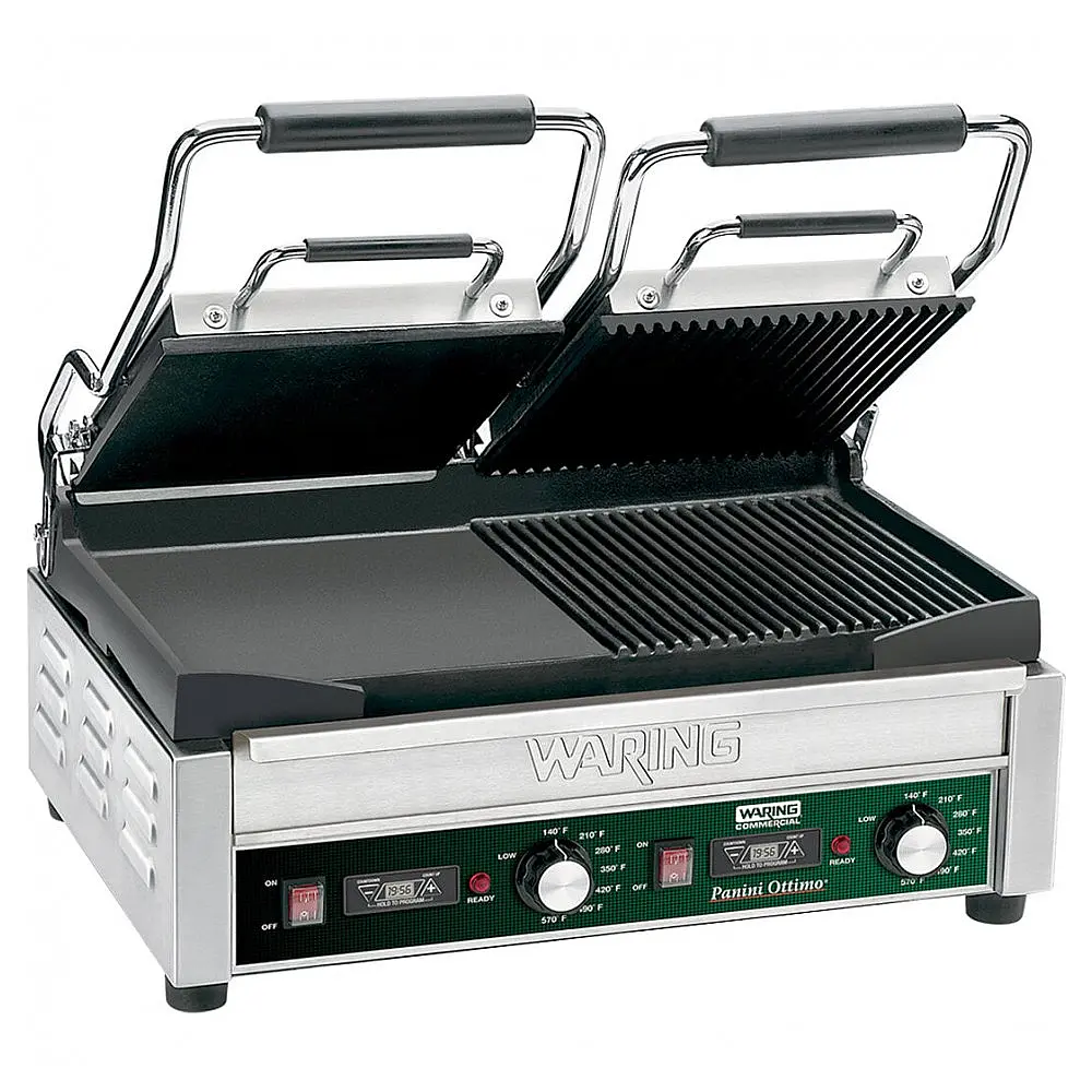 Grelha Panini Waring WDG300T Duas Placas Lisas/Ranhuradas Inox 240V 3120W Timer 43x23.5 cm