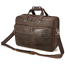 Bolsa Carteiro Masculina de Couro Grão Integral para Laptop com 17,3 Polegadas, Polare Original, Marrom Crocodilo