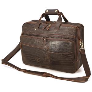 Bolsa Carteiro Masculina de Couro Grão Integral para Laptop com 17,3 Polegadas, Polare Original, Marrom Crocodilo