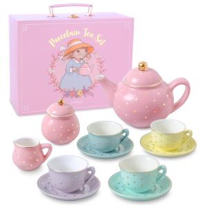 Jogo de Chá Infantil de Porcelana com Tema de Bolinhas Douradas e Estojo de Transporte, Giggle Honey, Colorido