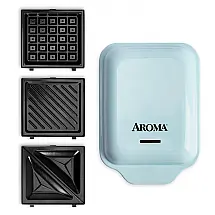 AROMA 3-em-1 Prensa Panini, Grelhador Sanduíche e Máquina de Waffles Azul 120V Placas Removíveis