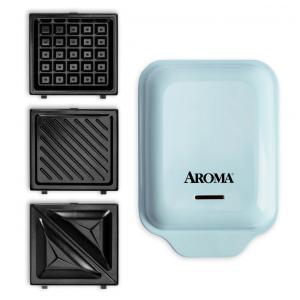 AROMA 3-em-1 Prensa Panini, Grelhador Sanduíche e Máquina de Waffles Azul 120V Placas Removíveis
