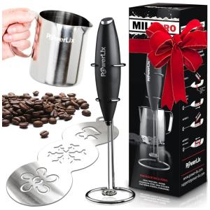 Espumador Elétrico de Leite em Aço Inoxidável a Bateria com Suporte, POWERLIX COMIN18JU093817, Preto