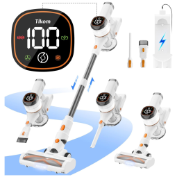 Aspirador de Pó Sem Fio Tikom V500 para Casa, 40 kPa 450W com Tela LED Touch, Base de Carregamento na Parede, Anti-Emaranhado