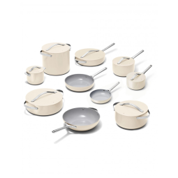 Conjunto de Panelas Cerâmicas Caraway Creme Antiaderente sem PTFE/PFAS 24 Peças com Organizadores