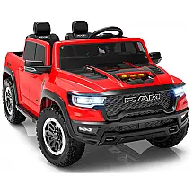 Carro Elétrico Infantil RAM 1500 24V Vermelho 2 Lugares com Controle Remoto, Bluetooth, Luzes LED, Baú e Cinto de Segurança
