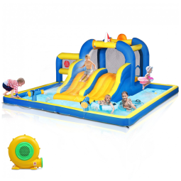 Parque Aquático Inflável Ktaxon com Tobogã Duplo, Piscina de Água e Jogo de Basquete para Diversão ao Ar Livre