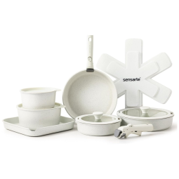 Jogo de Panelas e Frigideiras Antiaderentes, Material em Alumínio com 17 Peças e Cabo Removível, SENSARTE, Branco
