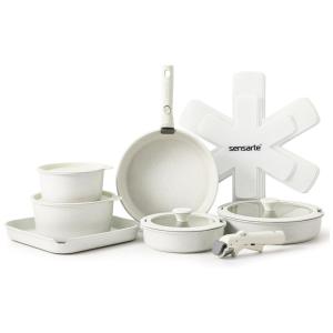 Jogo de Panelas e Frigideiras Antiaderentes, Material em Alumínio com 17 Peças e Cabo Removível, SENSARTE, Branco