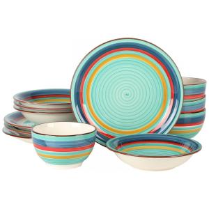 Aparelho de Jantar com 12 Peças em Cerâmica Pintadas á Mão, Gibson Home Rainbow, Verde