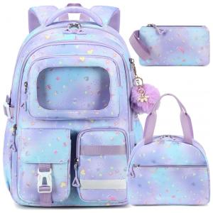 Mochila escolar AO ALI VICTORY roxa 3 em 1 com lancheira e estojo para notebook até 16"