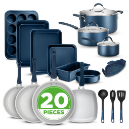 Jogo de Panelas e Frigideiras Antiaderentes em Alumínio com Utensílios, 20 Peças, NutriChef NCCW20SBLU, Azul Marinho