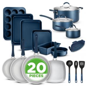 Jogo de Panelas e Frigideiras Antiaderentes em Alumínio com Utensílios, 20 Peças, NutriChef NCCW20SBLU, Azul Marinho