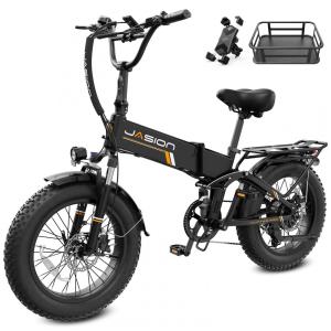Bicicleta elétrica dobrável Jasion X-Hunter Pro preta com cesto traseiro pneus 20x4 motor 750W pico 1800W bateria 48V 18Ah 80 km 110V