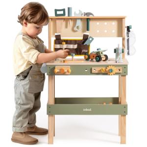 Bancada Educativa Infantil ROBUD em Madeira com Cinto de Ferramentas, Óculos e Acessórios para Montagem Criativa - Ideal para Crianças de 3