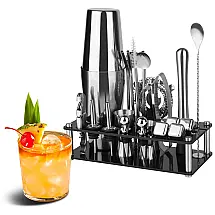 Kit Bartender Profissional 23 Peças em Aço Inoxidável com Suporte de Acrílico e 4 Pedras de Uísque, Farafox, Prata