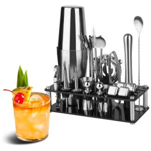 Kit Bartender Profissional 23 Peças em Aço Inoxidável com Suporte de Acrílico e 4 Pedras de Uísque, Farafox, Prata