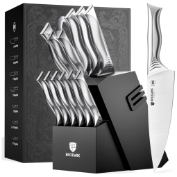 Conjunto de Facas em Aço Inoxidável com Bloco de Bancada e Afiador Embutido, 15 Peças, BRODARK, Prata