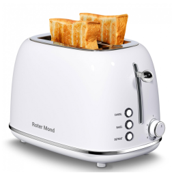 Torradeira Roter Mond inox branca 2 fatias vintage 6 níveis bagel/defrost/cancel ranhuras largas bandeja removível 825W acabamento brilhante